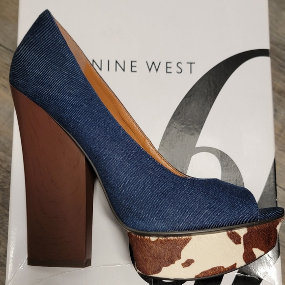 Nine West Denim & Cowhide Peep Toe Heels - Picture 6 of 8